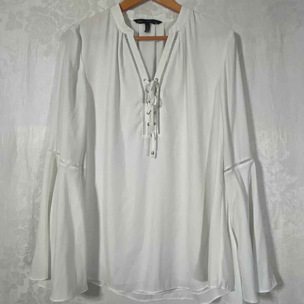 White House Black Market Blouse 12 White V Neck Lace Up Bell Sleeves WHBM